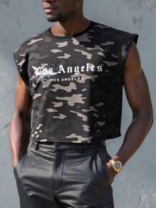 Manfinity EMRG Men's Letter & Camouflage Print Round Neck Casual Tank Top Men Camouflage Tshirt Los Angeles T Shirt Men S Camo