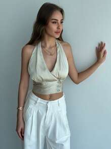 Aloruh 女式纯色深 V 领纽扣设计短款露背衬衫，性感 - 杏色 - 查看 7