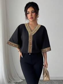 Chiquease Women's Elegant Batwing Sleeve Blouse, Loose Design, Golden Decorative Ribbon, Middle Eastern Style Latest Spring/Summer Fashion - Black - View 4