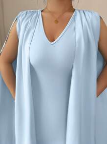 Elenzga Women's Fashionable Elegant Sexy V-Neck Sleeveless Fitted Splice Chiffon Wrap Flared Sleeve Bodycon Mini Skirt, Summer - Blue - View 5
