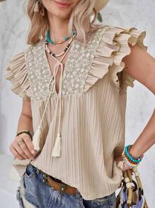 LanaWest Nuova blusa casual con scollo a V, ricamo in pizzo, maniche a volant e fiocco decorativo sulla parte anteriore, adatta per le vacanze, modello ampio