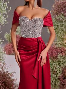 Glamrae Váy dài đuôi cá xẻ tà bằng vải satin đính hạt đàn hồi màu bạc sang trọng, thanh lịch, sang trọng trễ vai, viền xếp nếp, thích hợp cho đám cưới, tiệc tùng, câu lạc bộ, ngày lễ, váy dạ hội (được trang trí nhiều chi tiết) - Đỏ - Xem 7