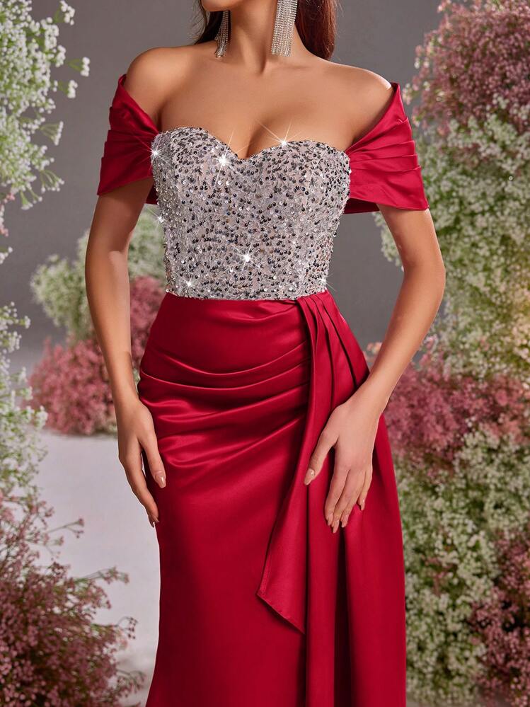 Glamrae Váy dài đuôi cá xẻ tà bằng vải satin đính hạt đàn hồi màu bạc sang trọng, thanh lịch, sang trọng trễ vai, viền xếp nếp, thích hợp cho đám cưới, tiệc tùng, câu lạc bộ, ngày lễ, váy dạ hội (được trang trí nhiều chi tiết) - Đỏ - Xem 7