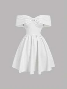 SHEIN MOD 系带蝴蝶领露肩设计腰部喇叭连衣裙 - 白色 - 查看 1