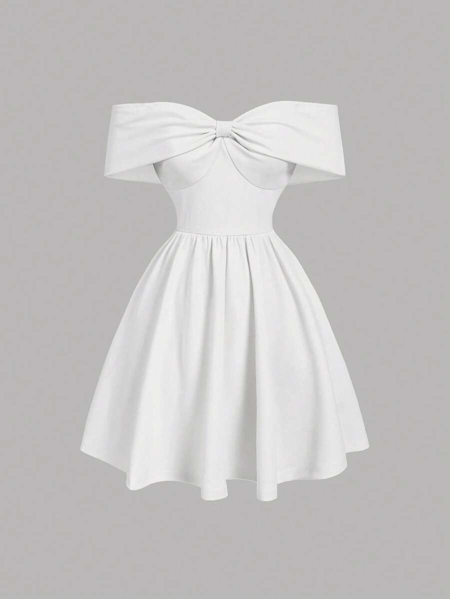 SHEIN MOD 系带蝴蝶领露肩设计腰部喇叭连衣裙 - 白色 - 查看 1