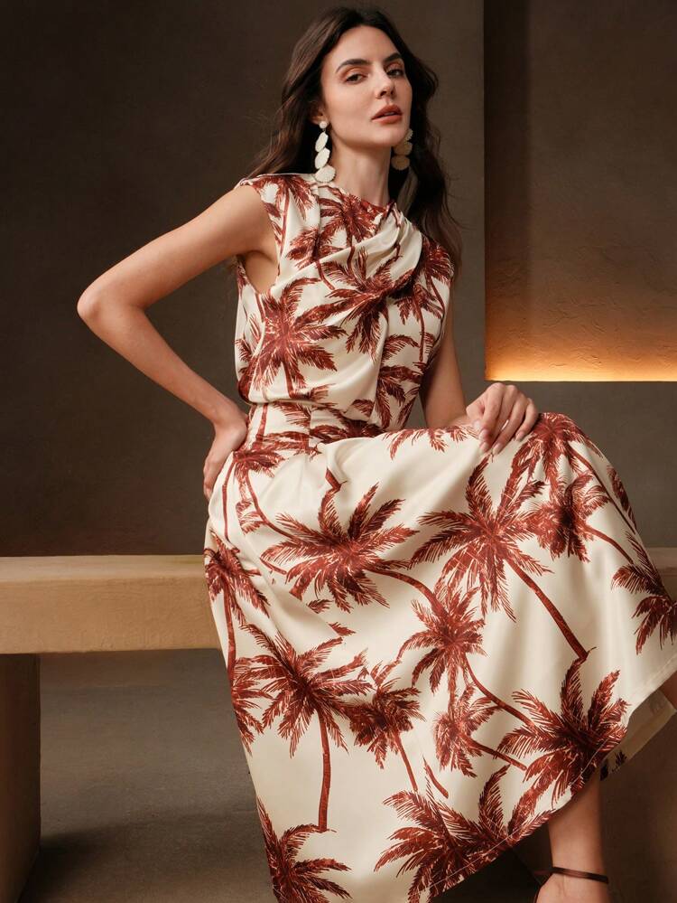 Novo Vestido Feminino Estilo Primavera/Verão Férias, Decote Redondo, Sem Mangas, Cinturado, Estampa de Árvore de Coco