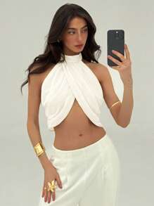 Aloruh 女士雪纺度假休闲时尚交叉褶皱后颈纽扣优雅性感衬衫