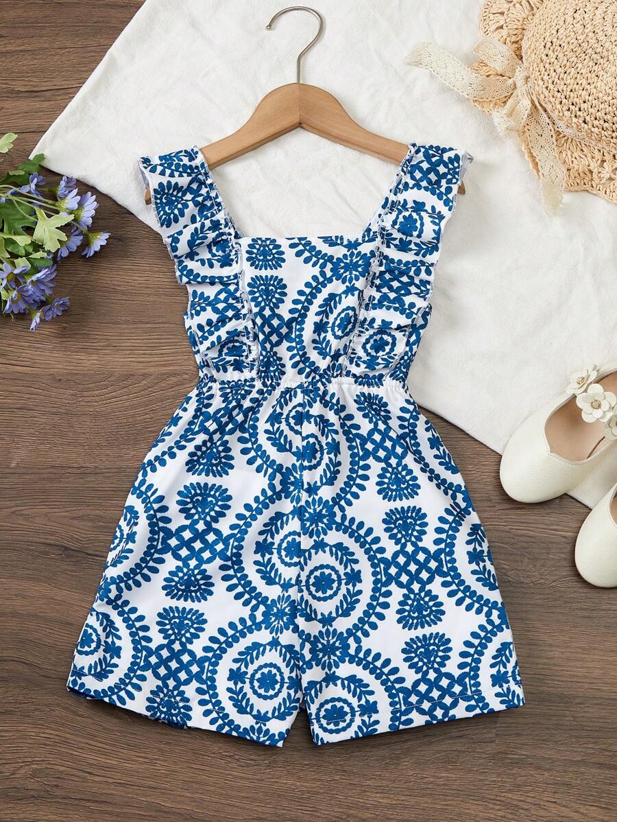 Young Girl Fashionable Spaghetti Strap Sleeveless Romper, Suitable For Summer - Blue - View 1