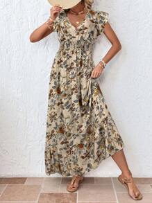 SHEIN LUNE Vestido largo informal de mujer con manga de tapeta, cintura con cordón ajustable, falda con volantes en el bajo y estampado de ubicación, perfecto para vacaciones