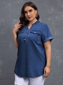 EMERY ROSE Plus Size Women V-Neck Short Sleeve Button Half Front Placket Casual Denim Top - Medium Wash - View 5