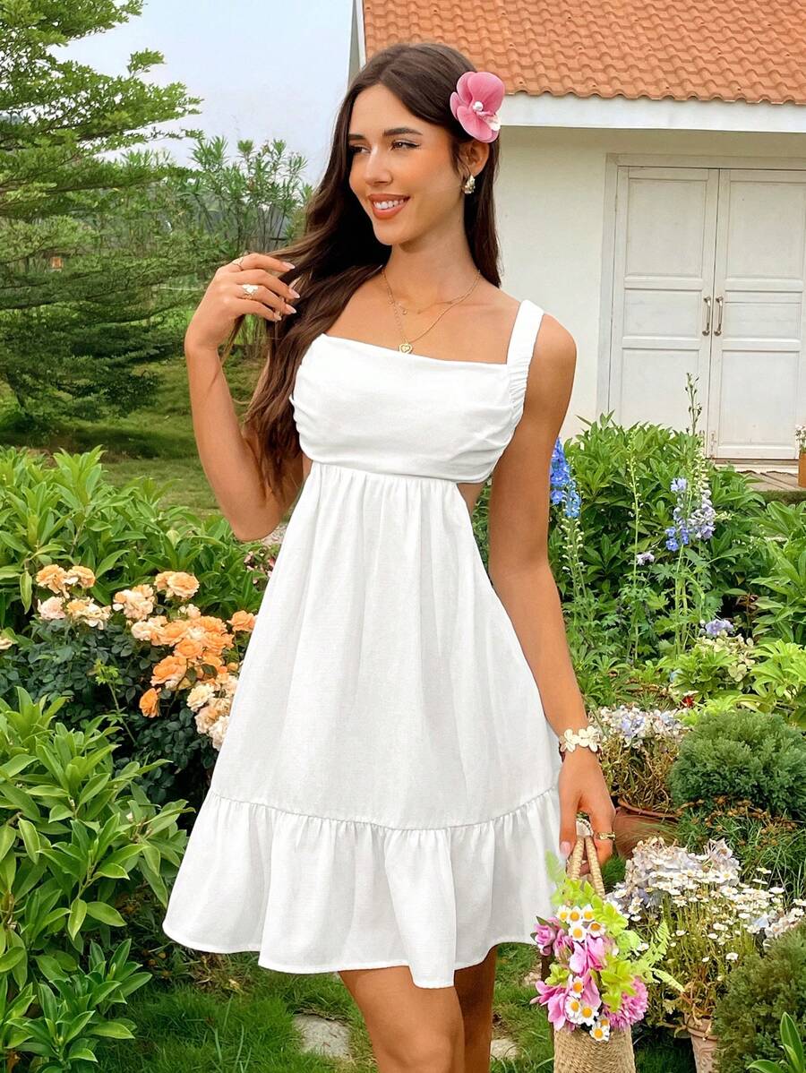 SHEIN VCAY Simple Lightweight Woven Hollow Out Design Ladies Summer Vacation Mini White Dresses For Women,Summer Outfits For Women,Summer Clothes,European Summer - White - View 1