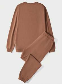 EURMUSE Men Solid Sweatshirt & Letter Patched Detail Drawstring Waist Sweatpants - Camel - View 2