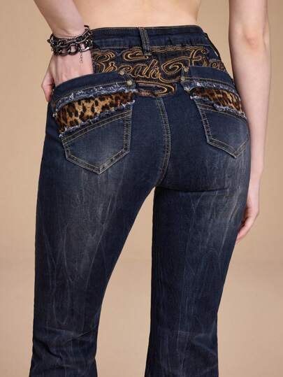 Grunge Punk Y2K Harajuku Leopard Print & Slogan Patch Pocket Patchwork Super Low Waist Flare Leg Jeans For Women