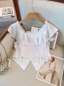 SHEIN Clasi Plus Size Off-Shoulder Lace Trim Waist Blouse - White - View 2