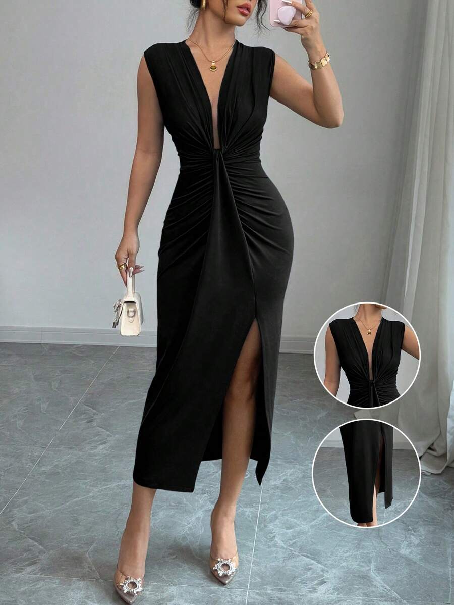 Rafferiza Petite Elegant Sleeveless Deep V-Neck Ruched Hem Split Dress, Women, Spring/Summer - Black - View 1