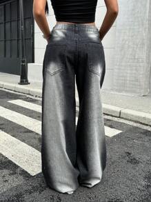 SHEIN EZwear Women's Casual Extra Long Black Denim Jeans With Zipper Details And A Stylish Two-Tone Fade