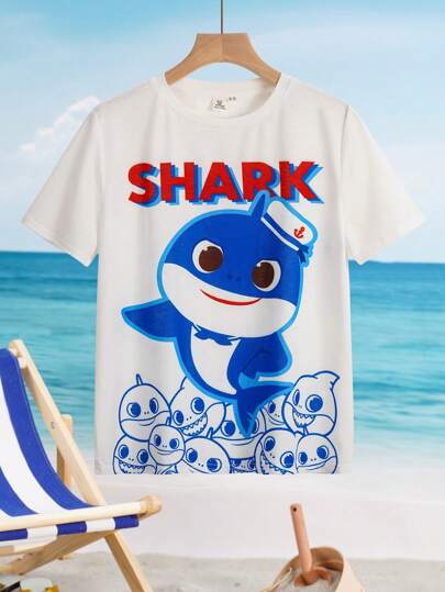 BABY SHARK X SHEIN 青少年男孩酷炫卡通鲨鱼印花短袖夏季T恤