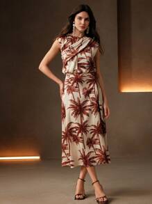 Anewsta Đầm nữ cổ tròn không tay in hình cây dừa phong cách nghỉ mát mùa xuân/hè mới - Nhiều màu - Xem 7