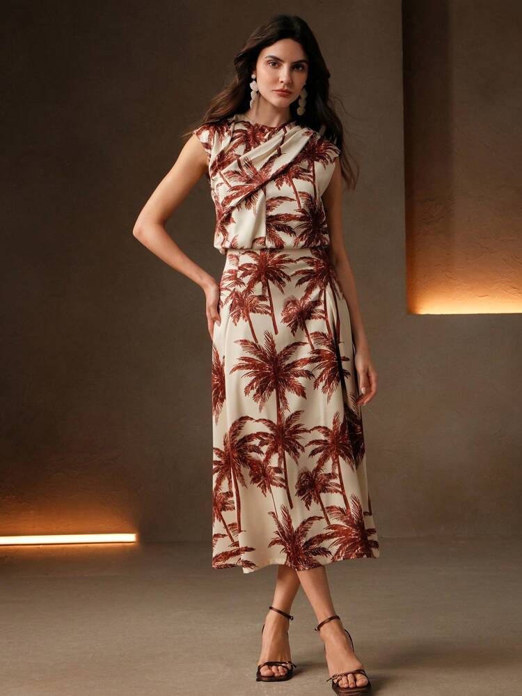 Novo Vestido Feminino Estilo Primavera/Verão Férias, Decote Redondo, Sem Mangas, Cinturado, Estampa de Árvore de Coco