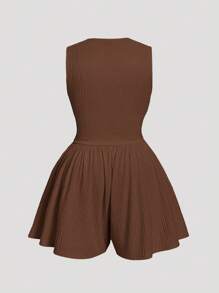 SHEIN MOD V-Neck Ruffled Waist Short Plus Size Women's Jumpsuit - Brown - View 2