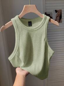 Comfortcana Áo hai dây chải gân màu trơn dành cho nữ, thích hợp mặc hàng ngày - Màu xanh Bạc hà - Xem 8