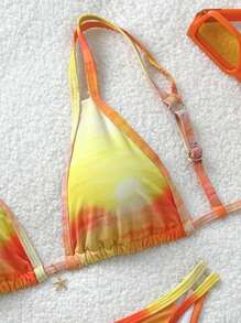 Soleia 3pcs Women's Vacation Tie-Dye Tie Dye Sunset Print Drawstring Bikini Set - Multicolor - View 5