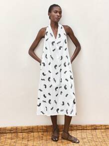 Maija Vestido bohemio de mujer con escote en V profundo y sin mangas, con patrón de flores bordado, ajuste holgado y cómodo, en color negro y blanco, apto para primavera/verano