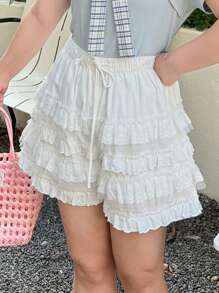 Dazy Plus 层叠撞色蕾丝白色松紧腰女童休闲短裤