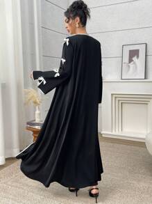 Women's Contrast Trim Butterfly Decor Long Sleeve Abaya, Modest Robe - Black - View 6