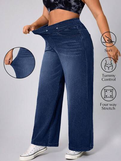 Flexra Calça jeans feminina plus size com bolso e lavagem azul médio, elástica e macia