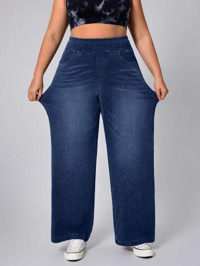 Flexra Plus Size Women Pocket Decor Soft Mid-Blue Wash Stretchy Jeans
