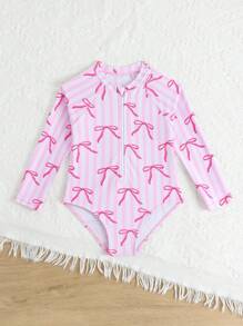 2025新款印花女童长袖拉链连体泳衣，2件套，适合海滩度假 - 粉色 - 查看 6
