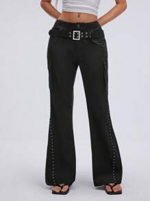 TRNVIE Y2K Style Low Waist Double Belt Micro-Flare Leg Pants, Spring/Summer Fall Cloth For Women - Black - View 4
