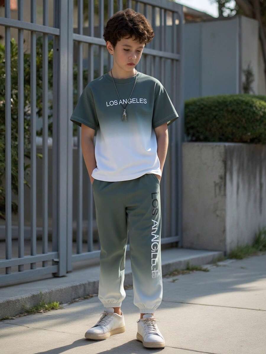 SHEIN 青少年男孩两件套休闲套装、短袖街头风格T恤和户外运动裤 - 彩色 - 查看 1