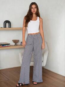 Cloudara 女式格子图案荷叶边下摆休闲裤