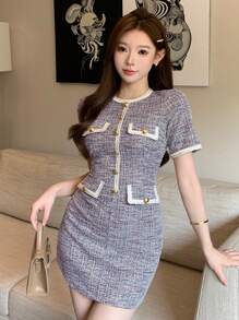 DAZY Đầm nữ mùa hè mới kẻ sọc cổ tròn tay ngắn thanh lịch, Đầm mini - Màu tím - Xem 3