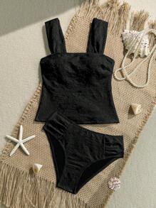 Swim Vcay 2pcs Women Summer Beach Jacquard Textured Fabric Swimsuit Set - Black - View 1