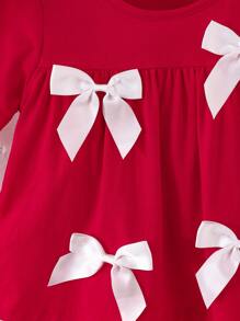 SHEIN Baby Girl Casual Simple Comfortable Round Neck Short Sleeve Colorblock Bow Decor T-Shirt - Red - View 6