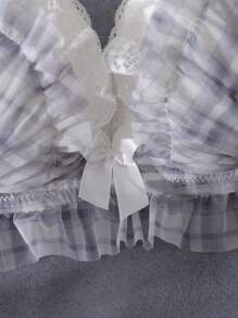 Dream Adore 格子、钢圈、模压罩杯、提升、支撑、蕾丝花边、多层荷叶边、荷叶边下摆、蝴蝶结、可爱洛丽塔娃娃、清新、可爱、舒适的半罩杯女士内衣文胸 - 藍色 - 查看 3