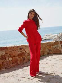 MOTF PREMIUM 亚麻纽扣衬衫 - 紅色 - 查看 3