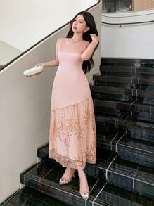 DAZY Abito midi da donna con scollo rotondo, senza maniche, con patchwork di paillettes. Abito da cerimonia di lusso, elegante, scintillante, adatto per carnevale. - Rosa - Visualizzare 3