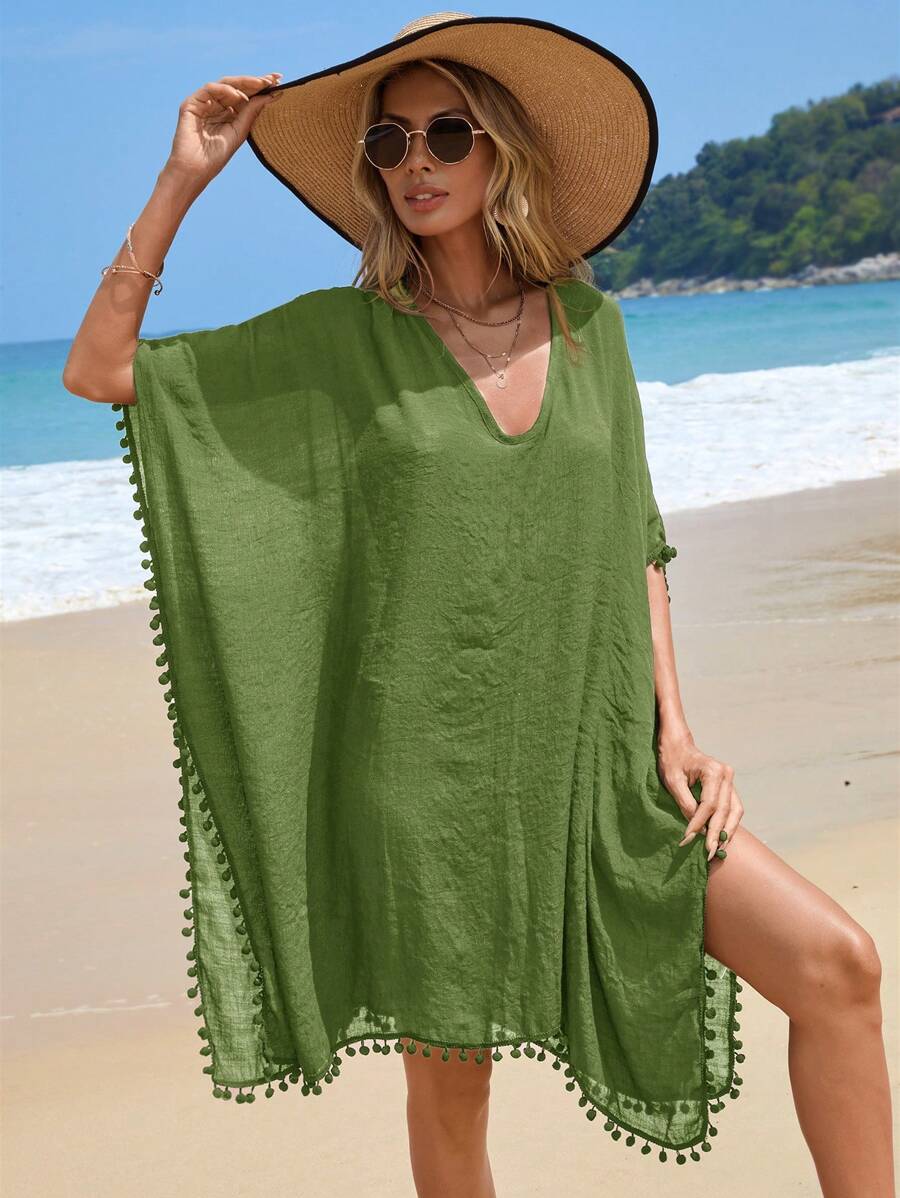 Swim Vcay Vestido cubre con mangas de murciélago y cuello en V de unicolor, atuendo de vacaciones para mujeres - Verde Oliva - Ver 1