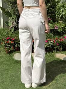 SHEIN EZwear Grey-Beige Cotton  Pocket Design Women's Straight Leg Low Waist  Pants, Fashionable & Suitable For Summer - Apricot - View 2