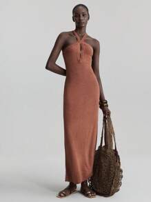 Ontre Conjunto de vacaciones de playa para mujer para el Día de San Juan 2026, estilo campestre para festival de música, vestido de punto sin mangas en crema y naranja, uso diario casual y cómodo para primavera/verano, conjunto de vacaciones de playa bohemio - Naranja Coral - Ver 2
