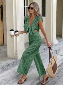 SHEIN Frenchy Women's Vacation Elegant Tie Cap Sleeve Waisted Back Deep V Solid Color Fabric Embroidery Straight Wide Leg Jumpsuit Summer Vacation Outfits Women Vacation Outfits Woman Spring Outfits For Women Summer Outfits For Women Wedding Guest Dress Women Rompers For Women Summer European Summer Green - Green - View 6