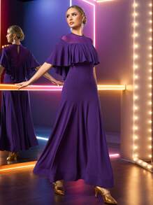 Dansine Mesh Patchwork Super Flared Ruffle Hem Women's Dance Dress - Purple - View 1