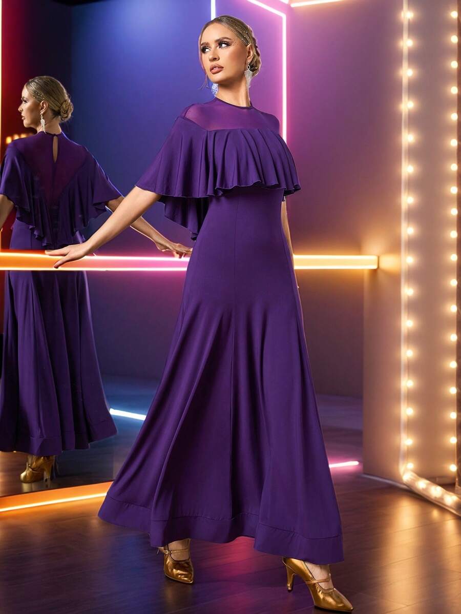 Dansine Mesh Patchwork Super Flared Ruffle Hem Women's Dance Dress - Purple - View 1