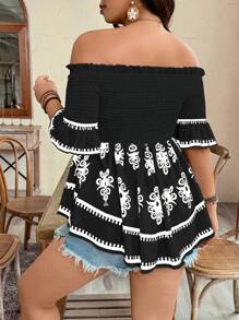 SHEIN Clasi 大码休闲度假印花露肩收腰不对称下摆衬衫