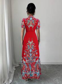 Elenzga Women Elegant Sexy Deep V-Neck Fitted Long Dress (Floral Print), 2025 New Collection - Red - View 2