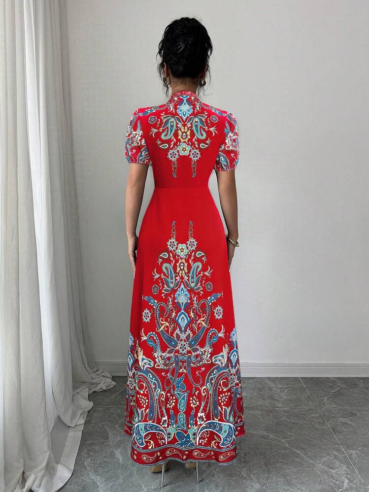 Elenzga Women Elegant Sexy Deep V-Neck Fitted Long Dress (Floral Print), 2025 New Collection - Red - View 2